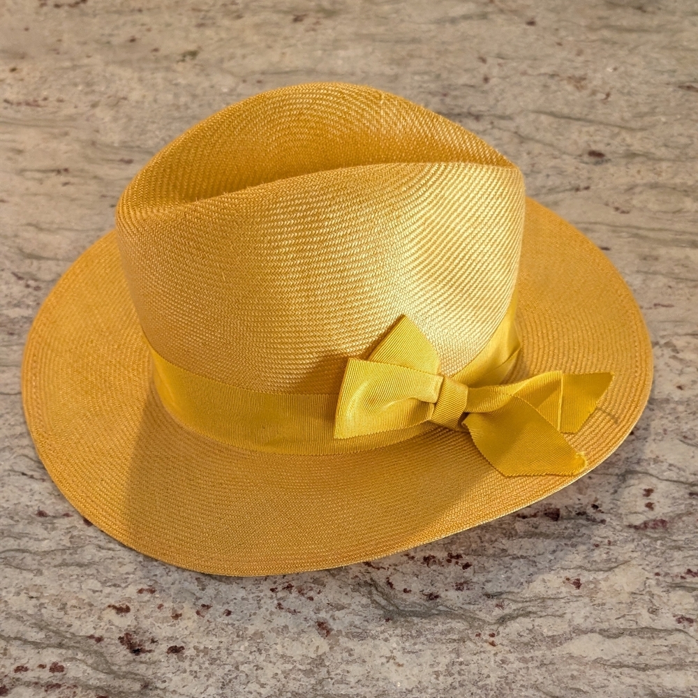 Vtg Liz Claiborne Yellow Straw Woven Fedora Summer Beach Sun Hat Natural